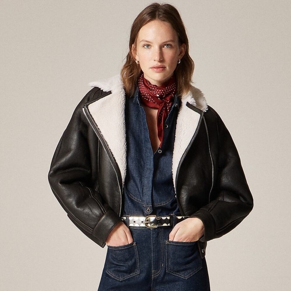J. Crew Collection Lamb Leather Lamb Shearling Moto Jacket Black Size M NWT - Picture 2 of 16